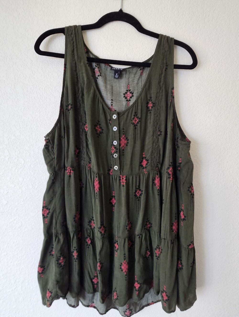 Torrid Olive Green Tank Top with Pink Embroidered Motifs